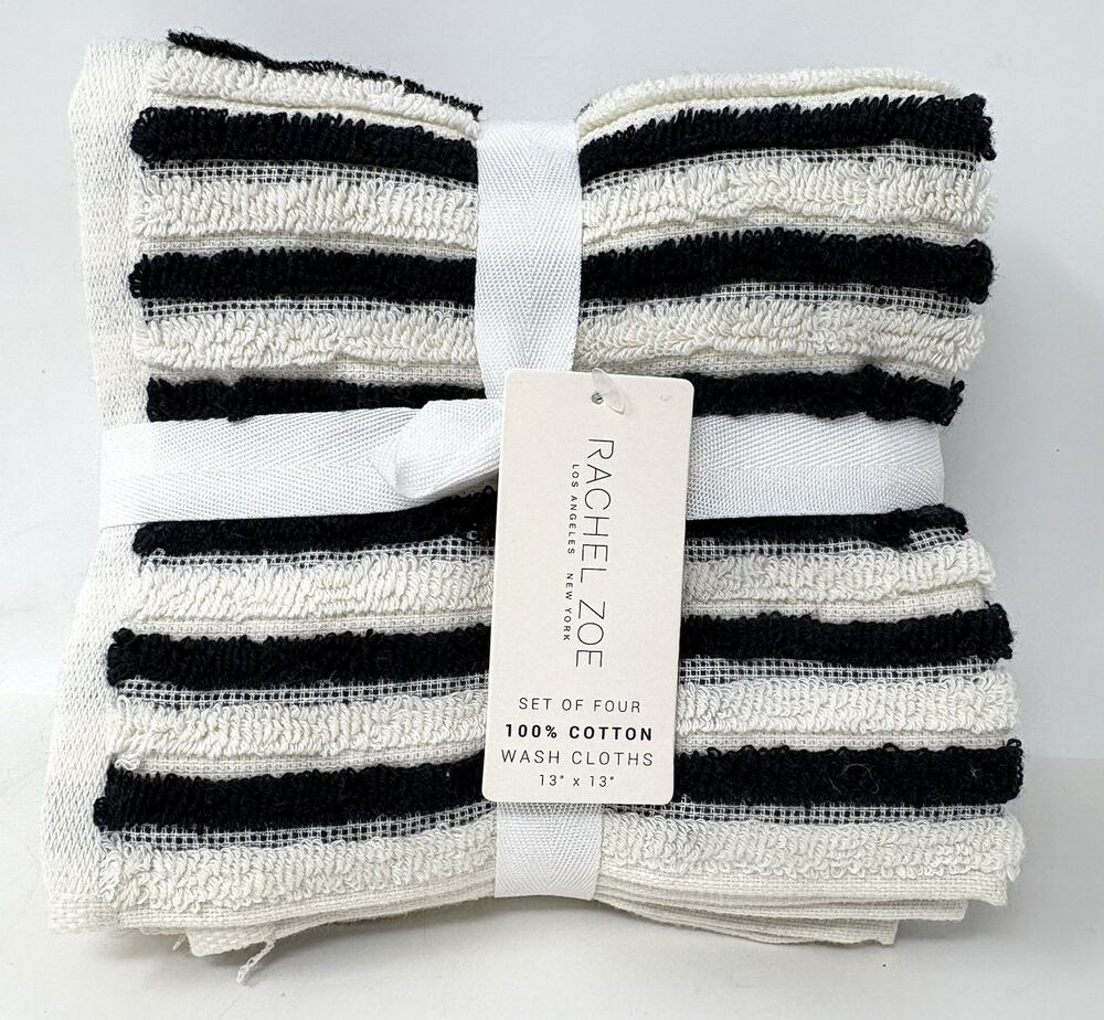Rachel Zoe Black Ivory Off White Stripes Washcloths Plush 4 Face Cloths NWT